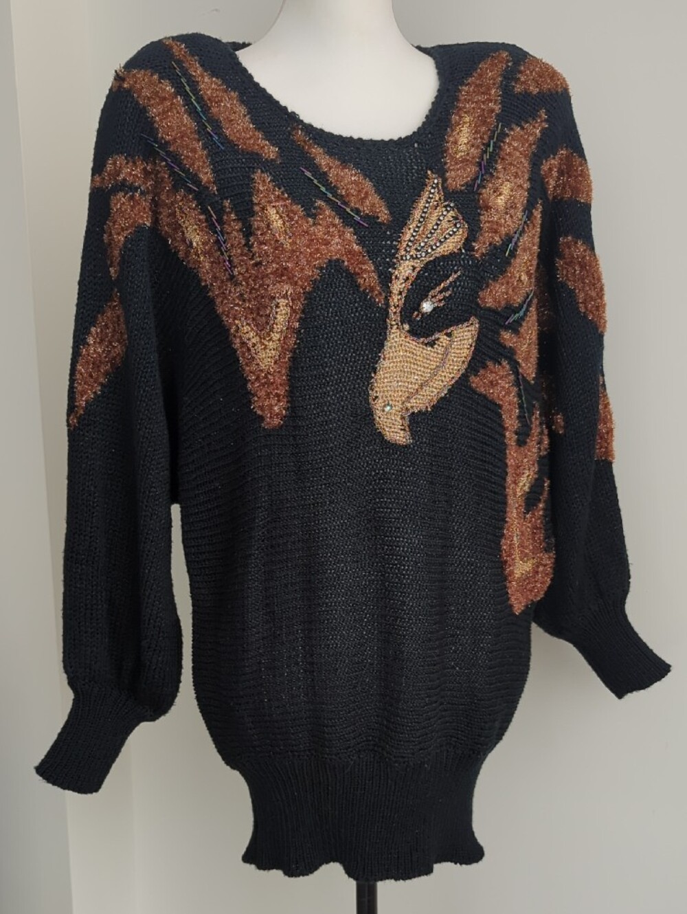 Vtg 1980s Avant Garde Wearable Art Textured Phoenix Flame Knit Sweater LARGE - Picture 3 of 12